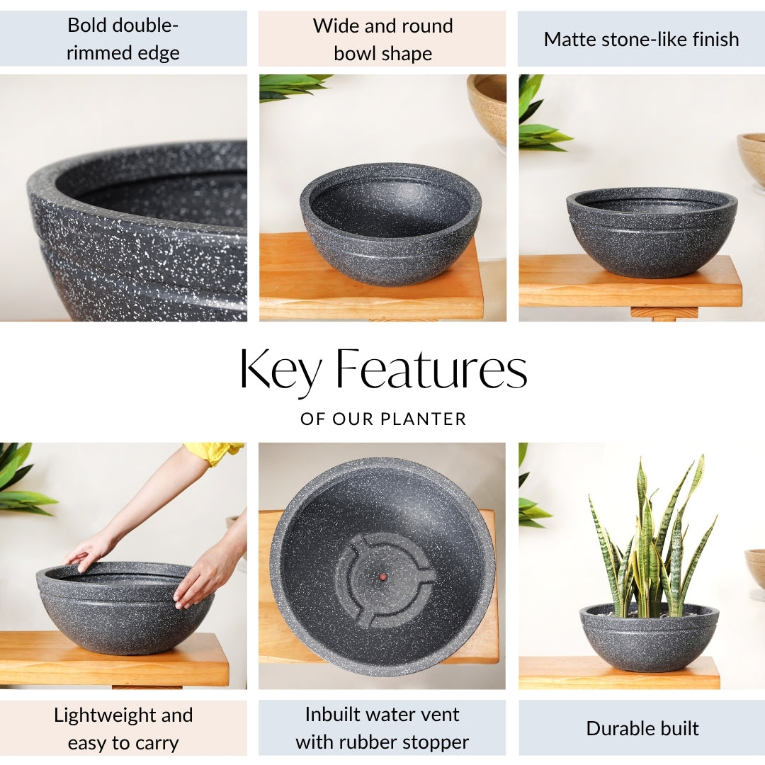 Planterra Granite Black Round Lotus Planter 15x7 Inch Nestasia