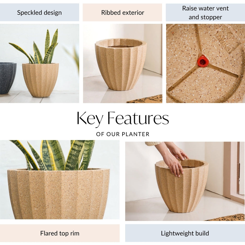 Planterra Ribbed Beige Planting Pot 12x12 Inch Nestasia
