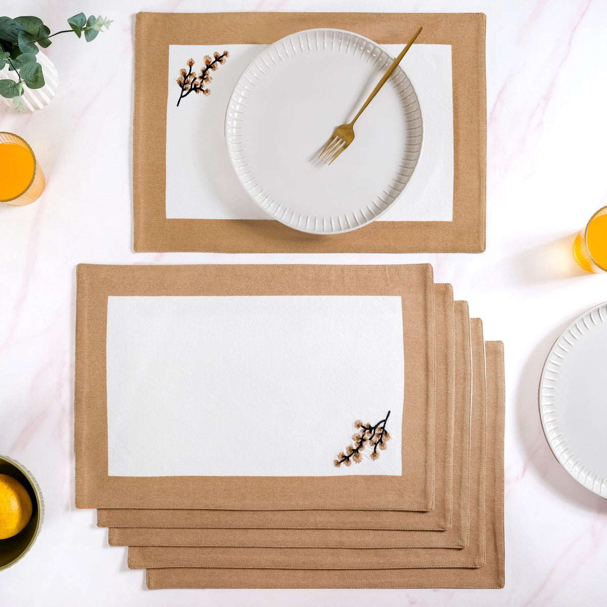 Midori Pure Cotton Table Mat Set Of 6 In Brown Nestasia