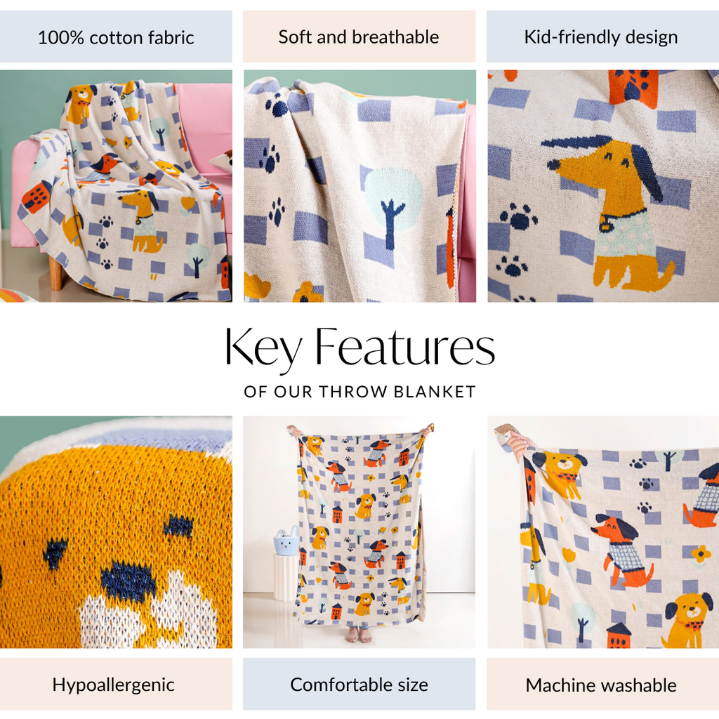 Dog Park Knitted Cotton Throw Blanket For Kids 155x132cm Nestasia