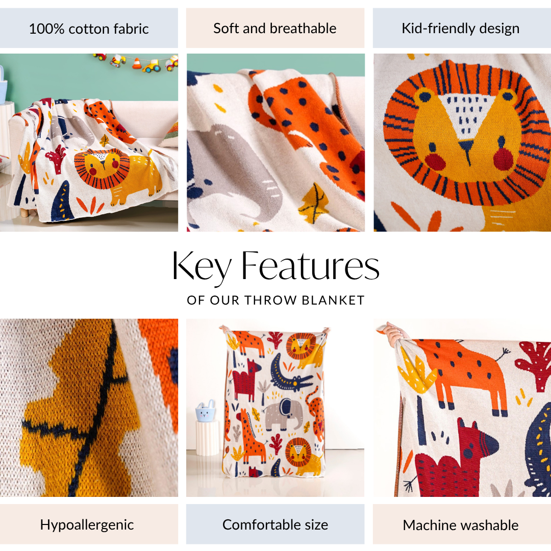 Animal Kingdom Knitted Cotton Throw For Kids 164x130cm Nestasia