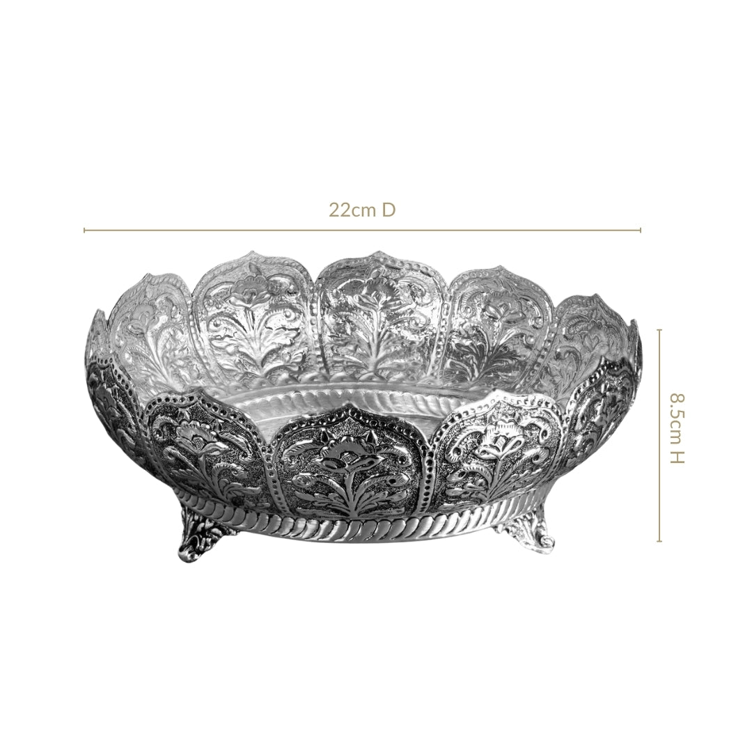 Antique Engraved Pure Brass Urli With Silver Polish 22cm Nestasia