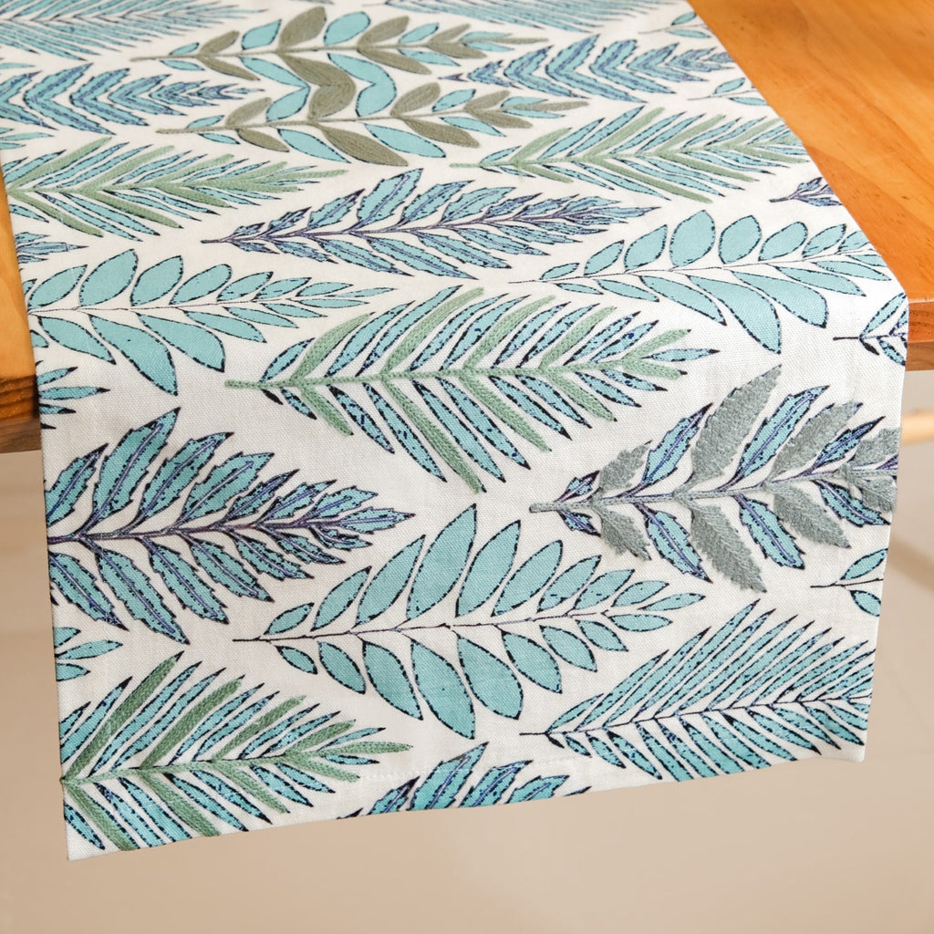 Aqua Fern Embroidered Cotton Table Runner 202x33cm Nestasia
