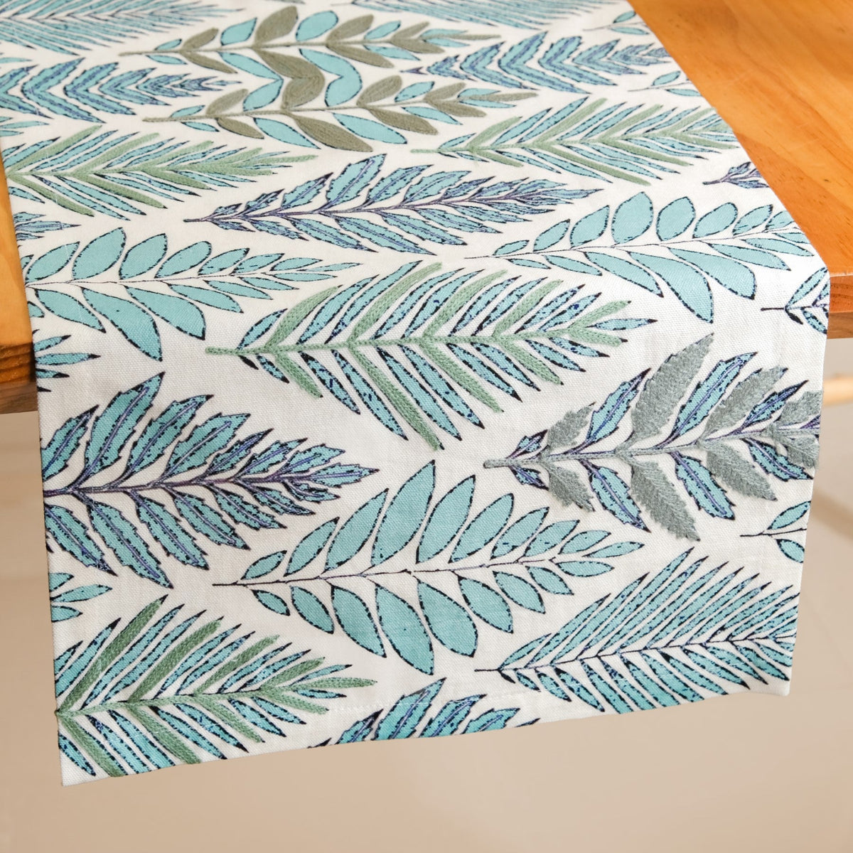 Aqua Fern Embroidered Cotton Table Runner 202x33cm Nestasia