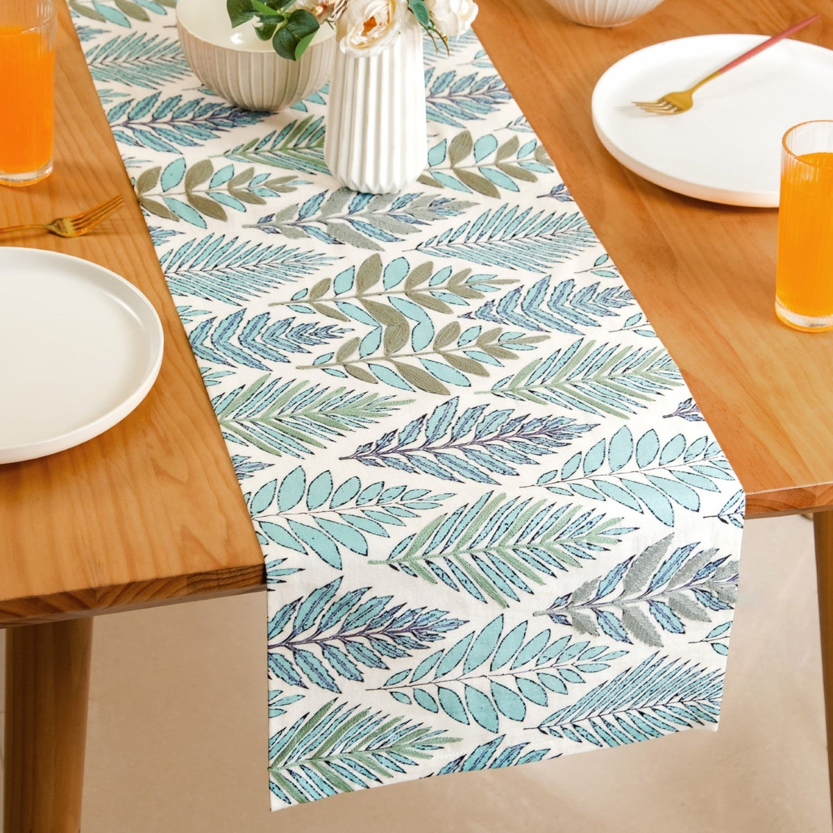 Aqua Fern Embroidered Cotton Table Runner 202x33cm Nestasia