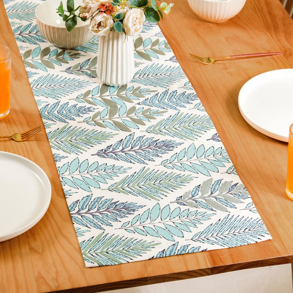 Aqua Fern Embroidered Cotton Table Runner 202x33cm Nestasia