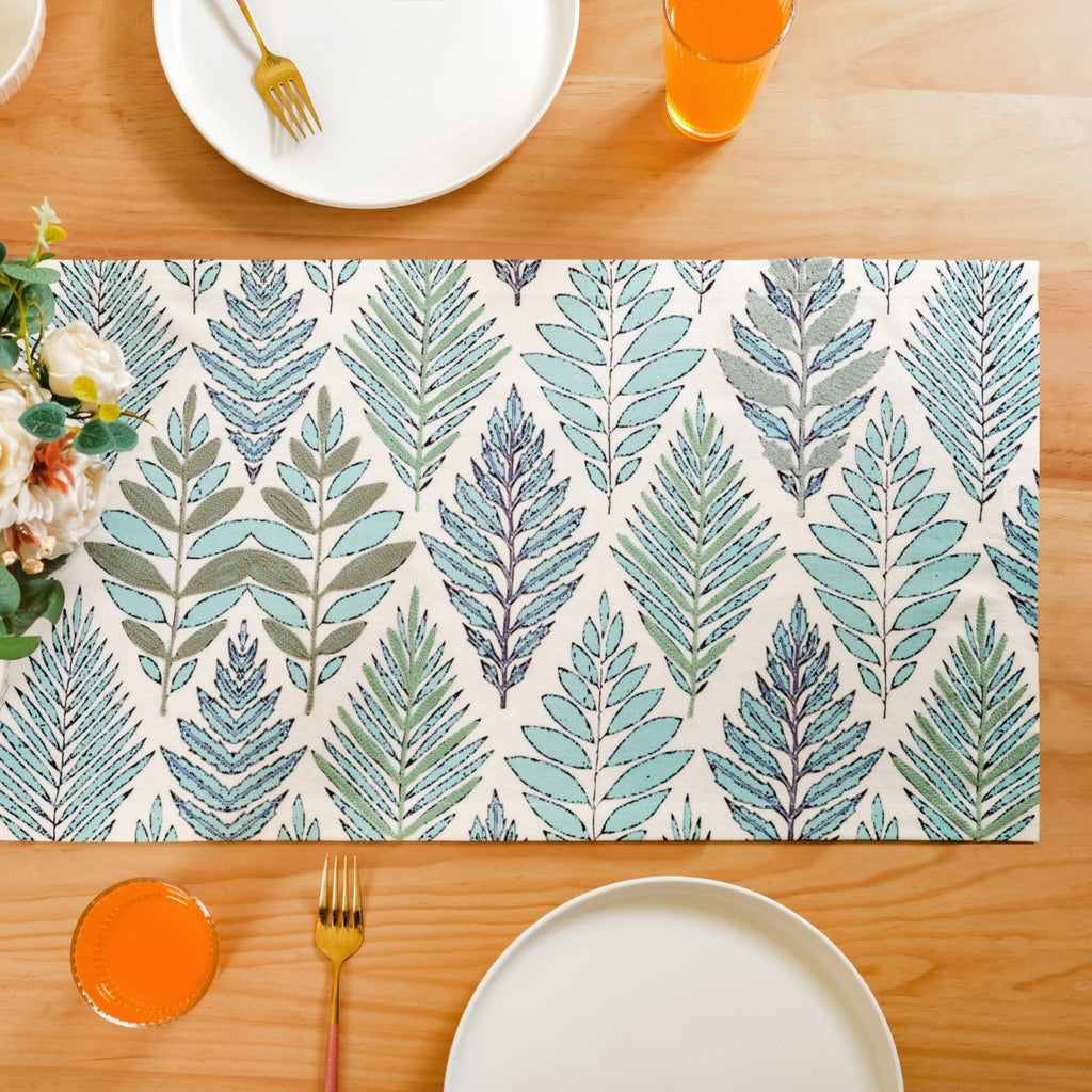 Aqua Fern Embroidered Cotton Table Runner 202x33cm Nestasia
