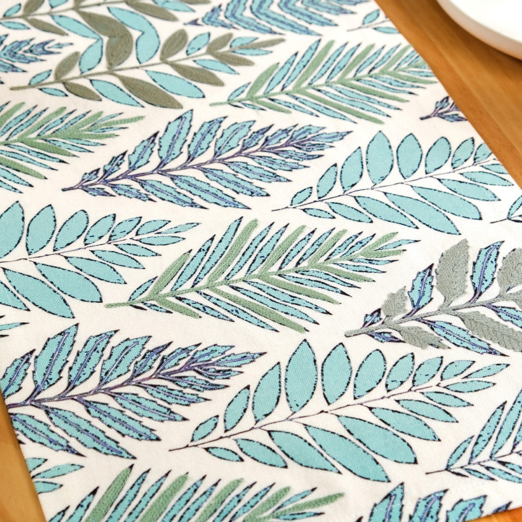 Aqua Fern Embroidered Cotton Table Runner 202x33cm Nestasia