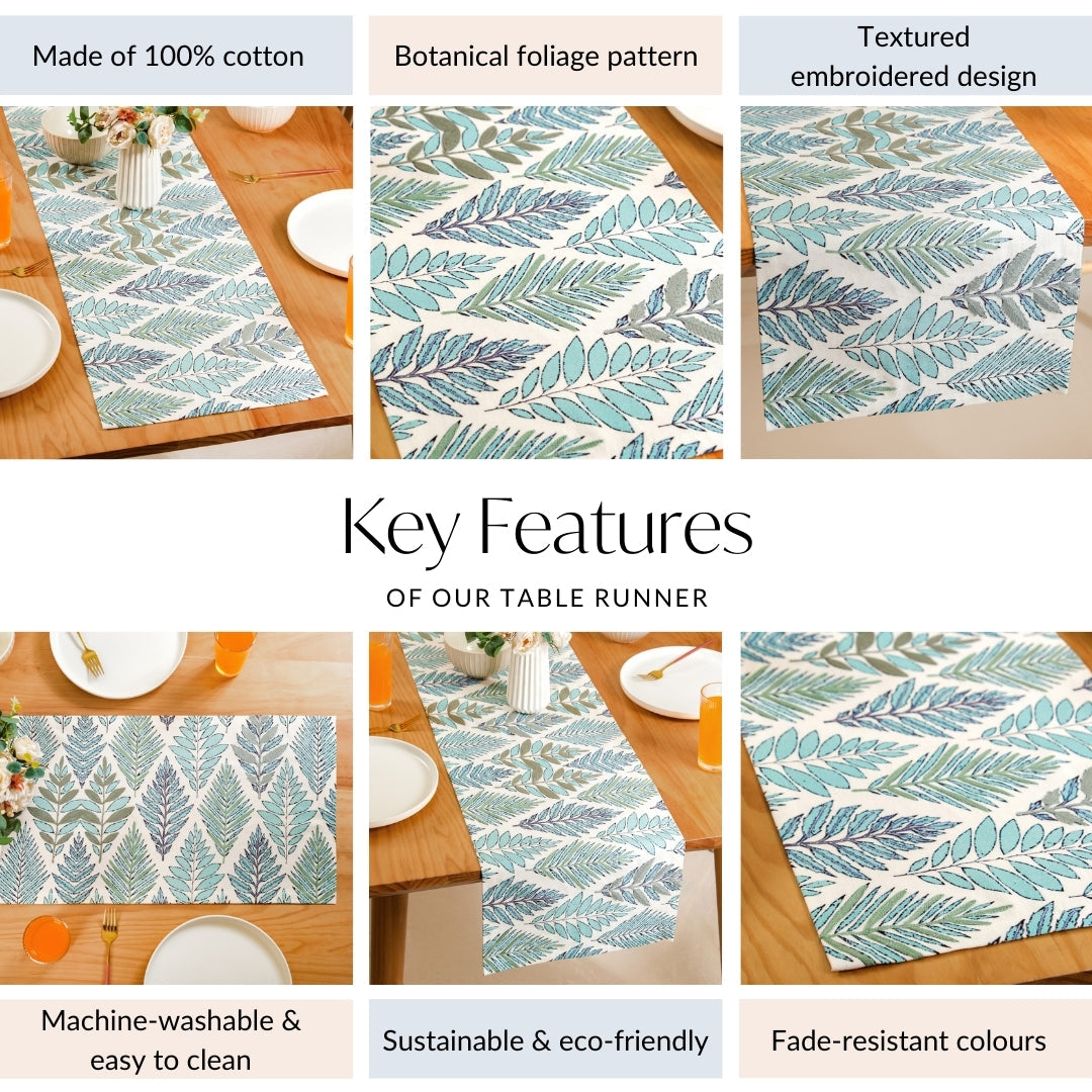 Aqua Fern Embroidered Cotton Table Runner 202x33cm Nestasia