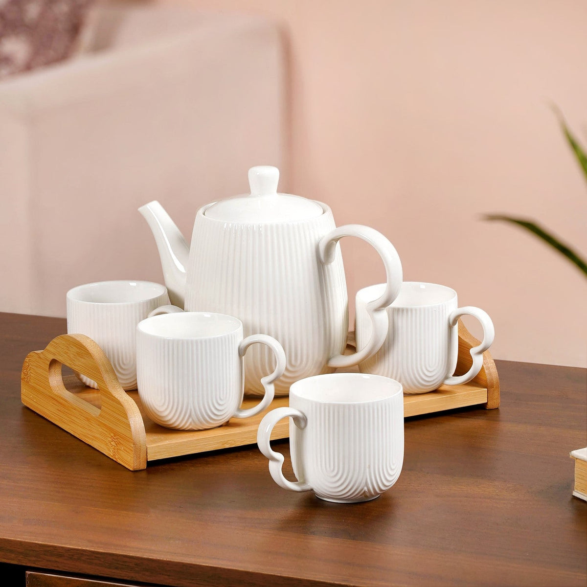 Art Deco Style Ceramic Tea Set With Wooden Serving Tray Nestasia