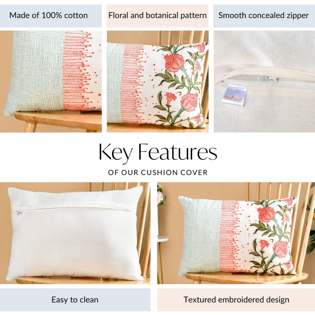 Artisanal Bloom Embroidery Cotton Cushion Cover 50x36cm Nestasia