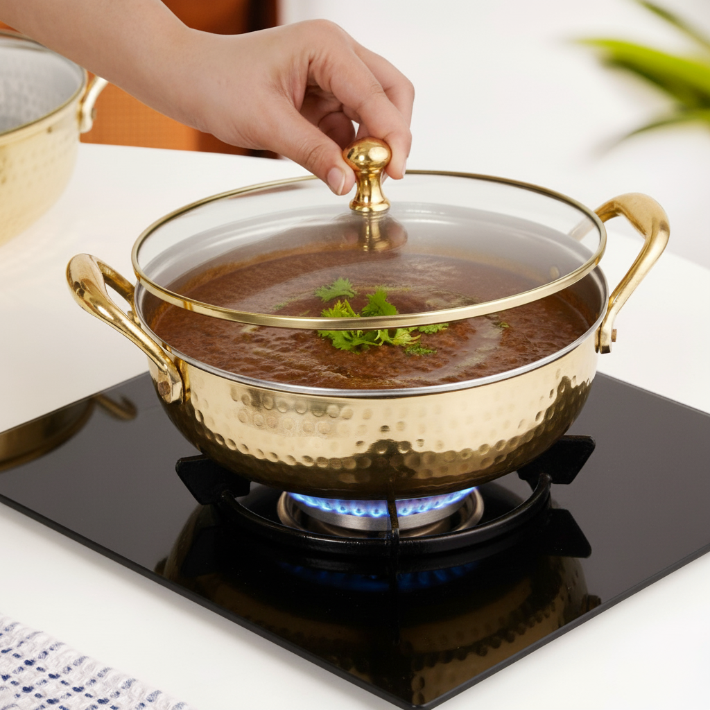 Brass Kadhai With See through Glass Lid 2500ml Nestasia