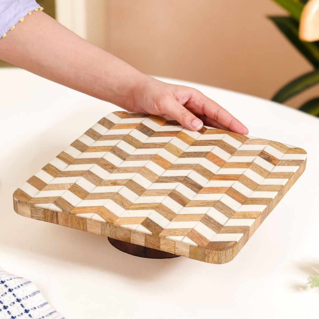 Artisanal Chevron Square Wooden Dessert Riser 26x26cm Nestasia