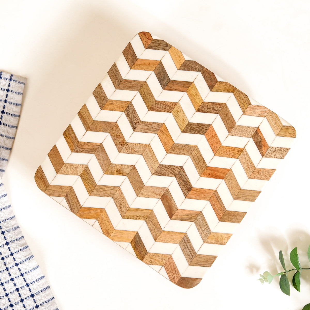 Artisanal Chevron Square Wooden Dessert Riser 26x26cm Nestasia