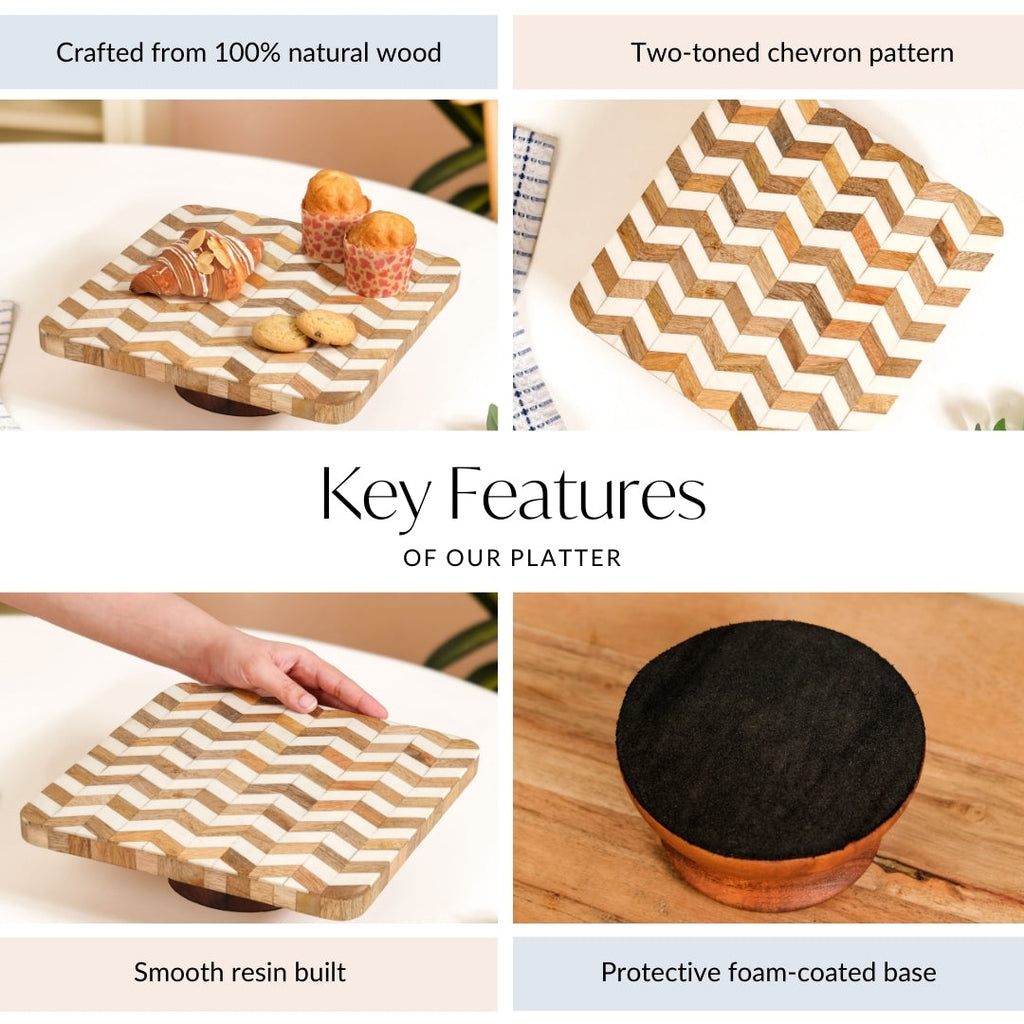 Artisanal Chevron Square Wooden Dessert Riser 26x26cm Nestasia