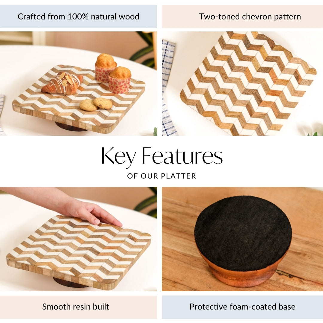 Artisanal Chevron Square Wooden Dessert Riser 26x26cm Nestasia