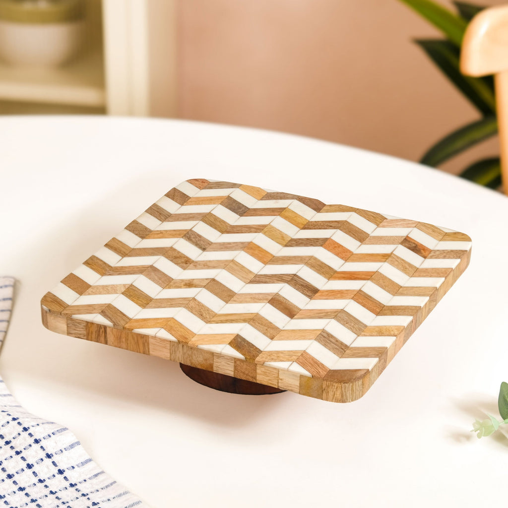 Artisanal Chevron Square Wooden Dessert Riser 26x26cm Nestasia
