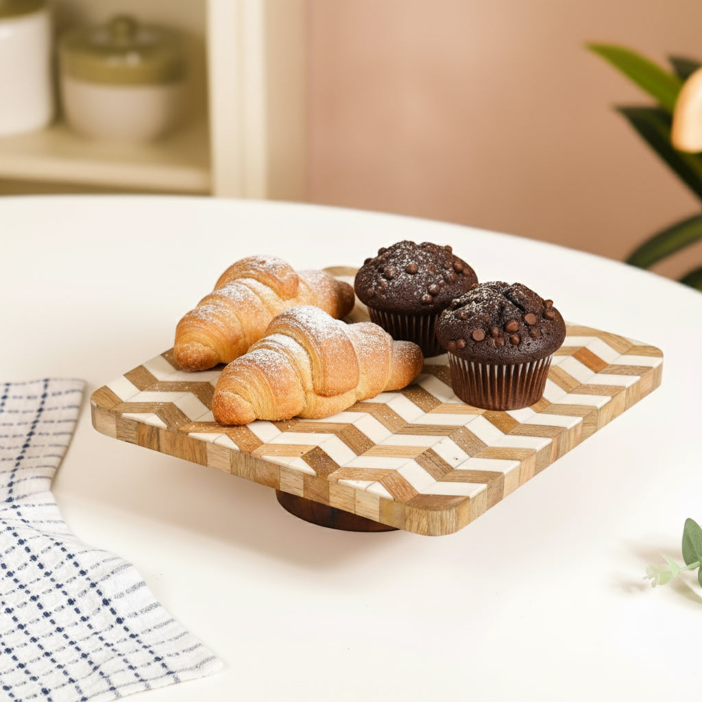 Artisanal Chevron Square Wooden Dessert Riser 26x26cm Nestasia