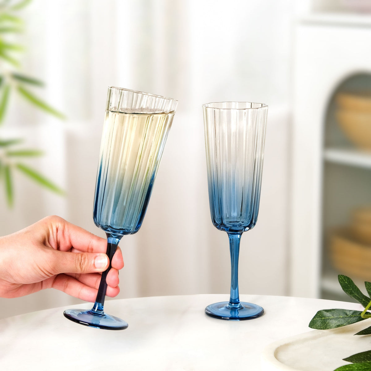 Aurora Ombre Fluted Champagne Glass Set Of 2 Blue 220ml Nestasia