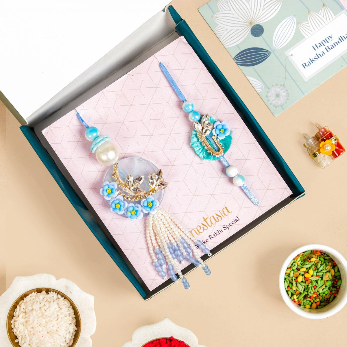 Azure Blossom Rakhi Lumba Set Nestasia