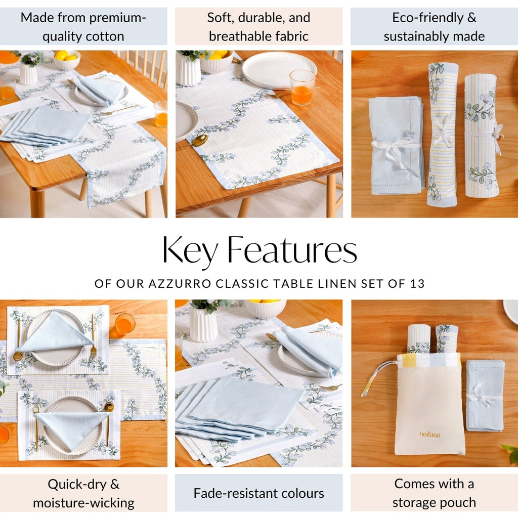 Azzurro Classic Table Place Mat, Runner and Napkin Set Nestasia