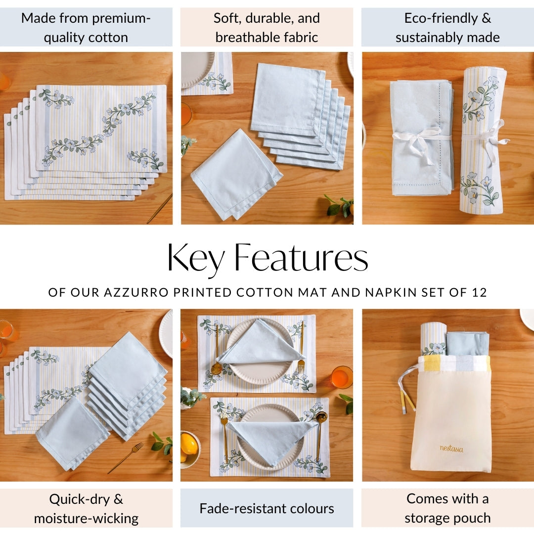 Azzurro Printed Cotton Mat And Napkin Set Of 12 Nestasia