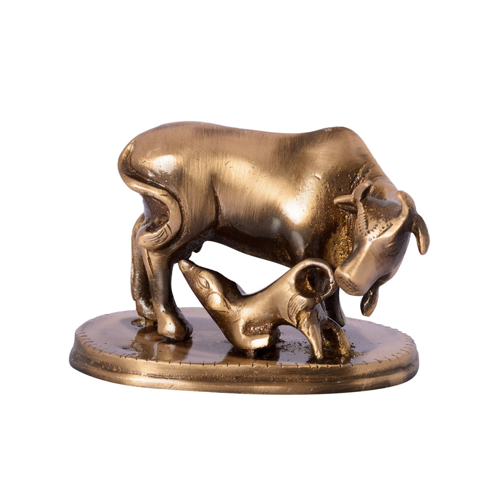 Brown Brass Kamdhenu cow and calf idol Kafalo