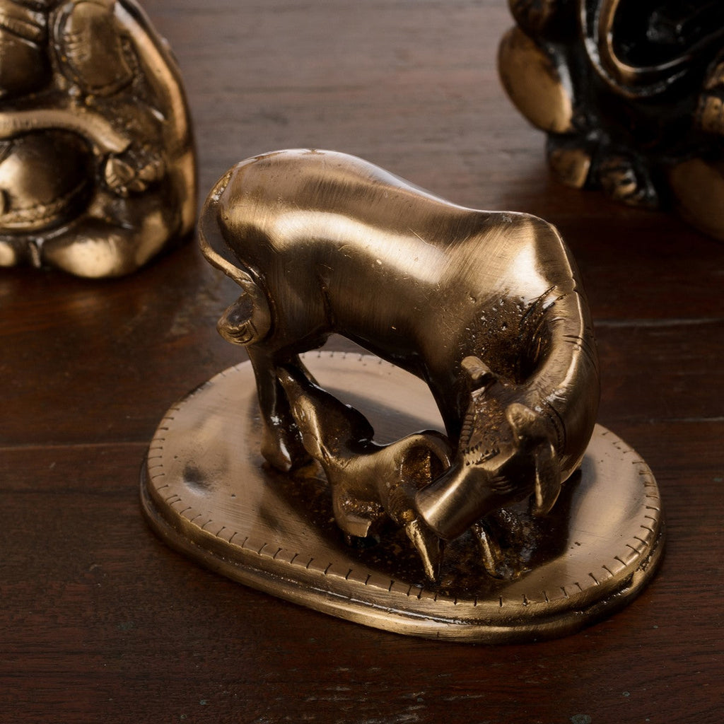 Brown Brass Kamdhenu cow and calf idol Kafalo