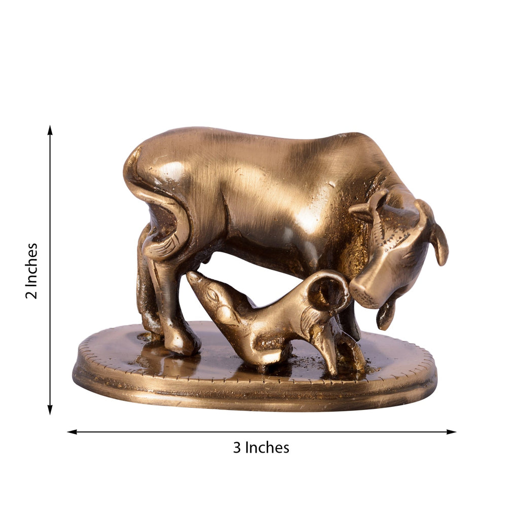 Brown Brass Kamdhenu cow and calf idol Kafalo