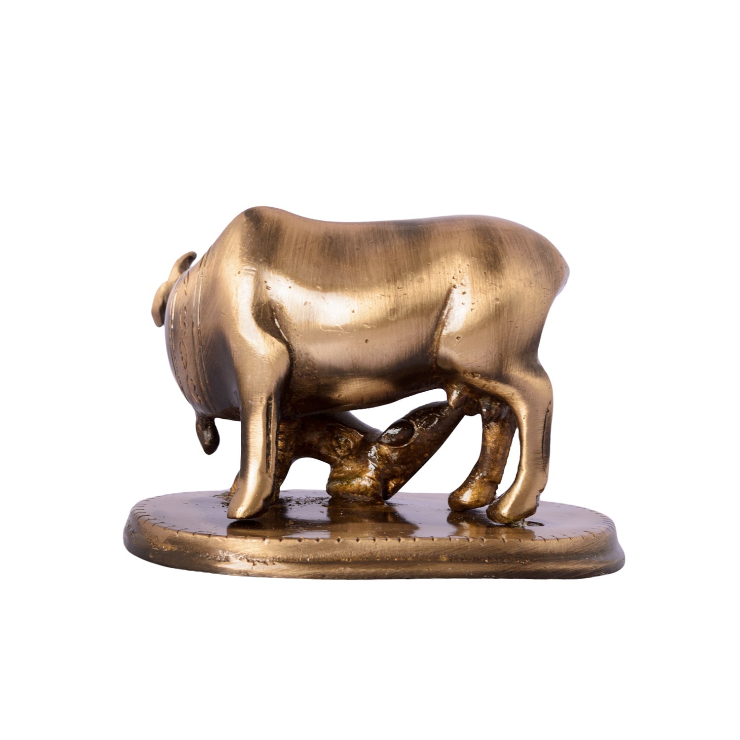 Brown Brass Kamdhenu cow and calf idol Kafalo