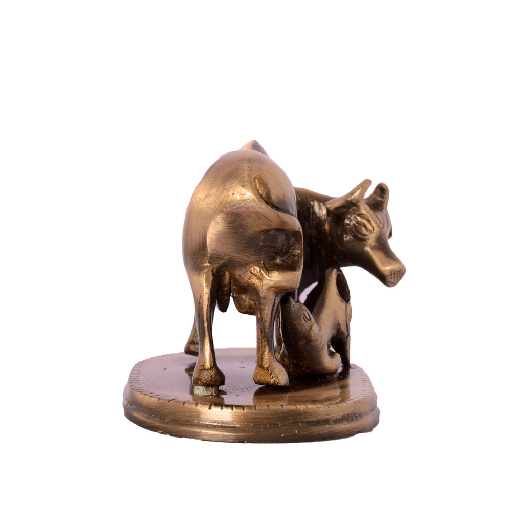 Brown Brass Kamdhenu cow and calf idol Kafalo