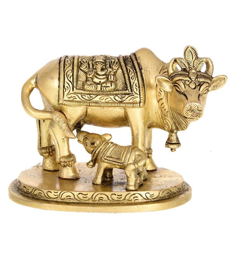Golden Brass Holy Kamdhenu Cow and Calf Statue Kafalo