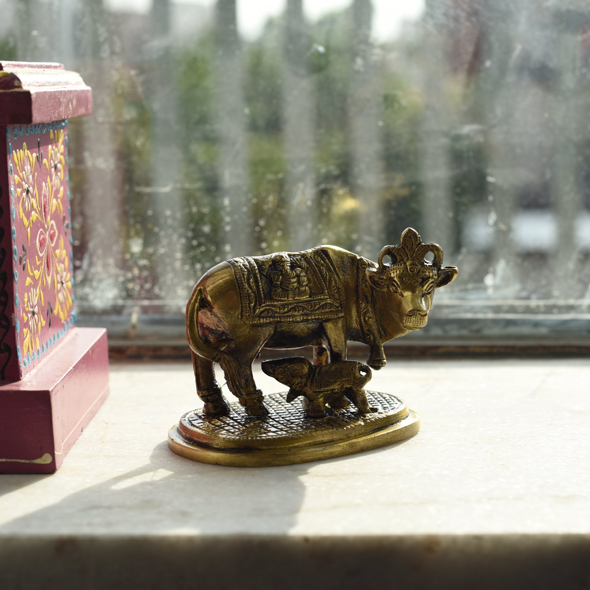 Golden Brass Holy Kamdhenu Cow and Calf Statue Kafalo