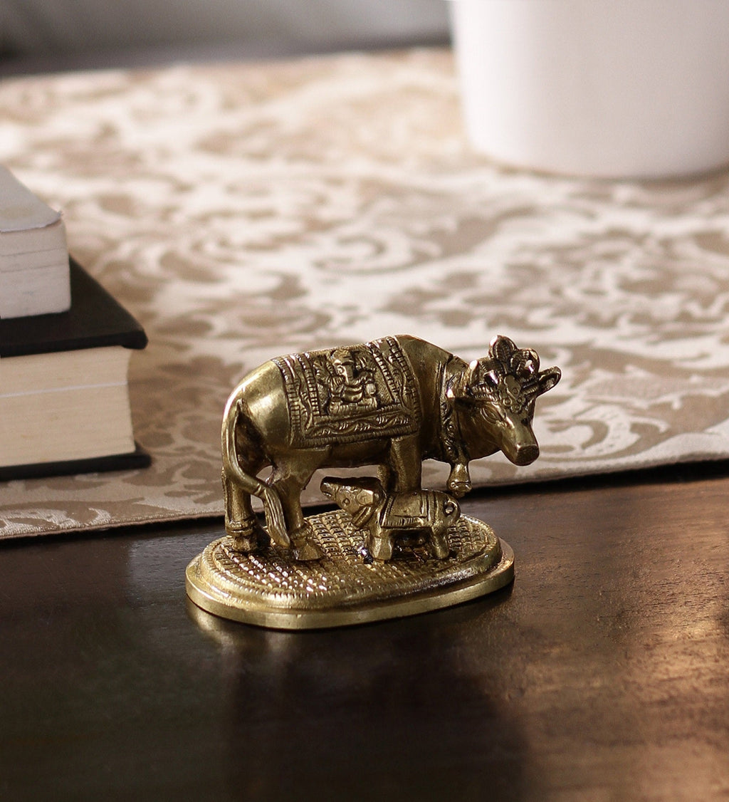 Golden Brass Holy Kamdhenu Cow and Calf Statue Kafalo