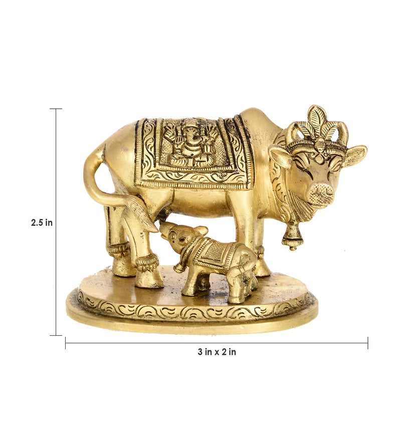 Golden Brass Holy Kamdhenu Cow and Calf Statue Kafalo