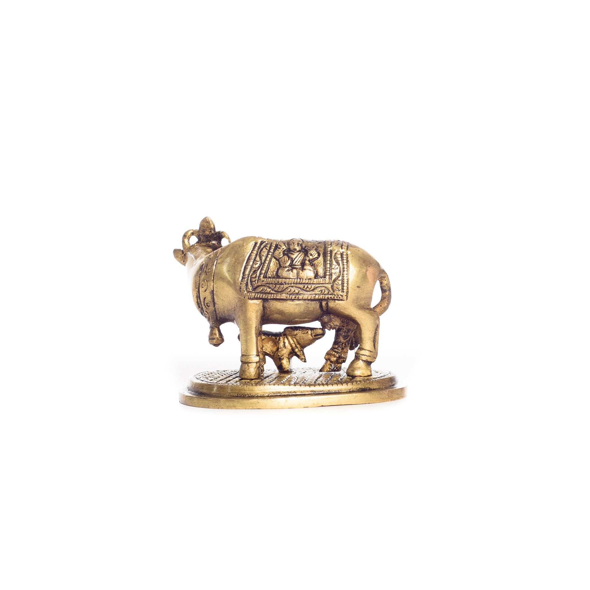 Golden Brass Holy Kamdhenu Cow and Calf Statue Kafalo