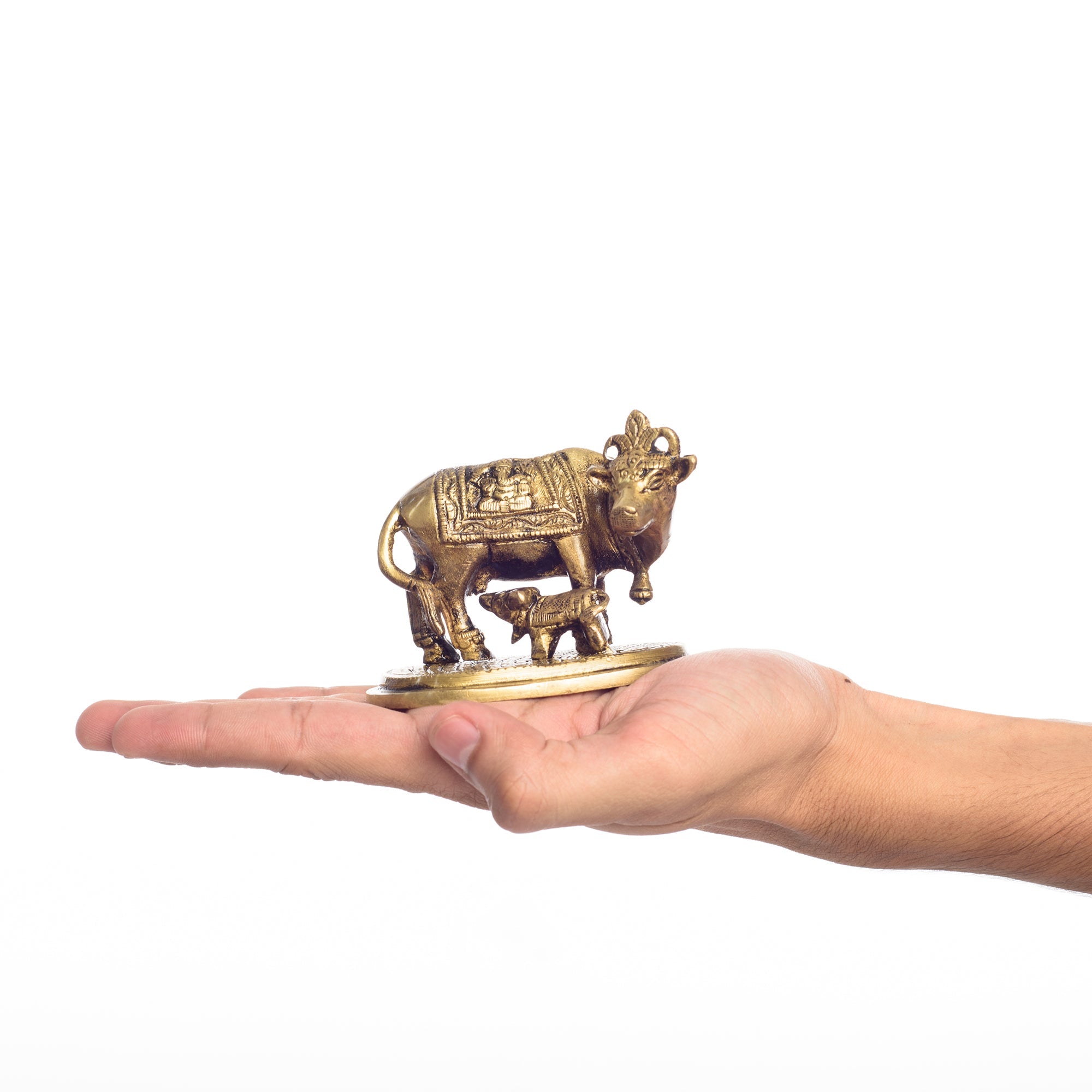 Golden Brass Holy Kamdhenu Cow and Calf Statue Kafalo