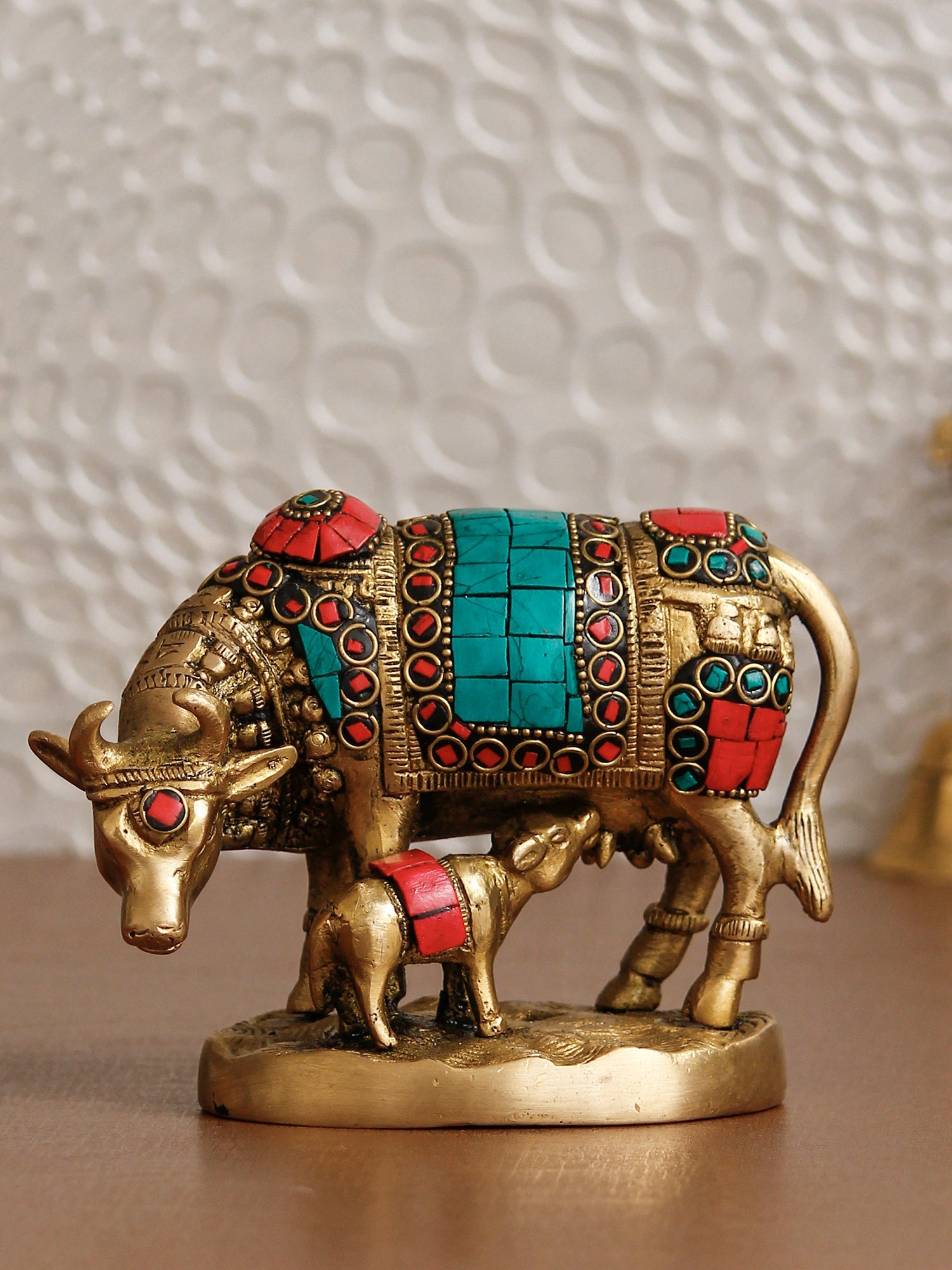 Gold, Green and Red Handcrafted Stone Work Brass Cow and Calf Idol Animal Figurine Kafalo