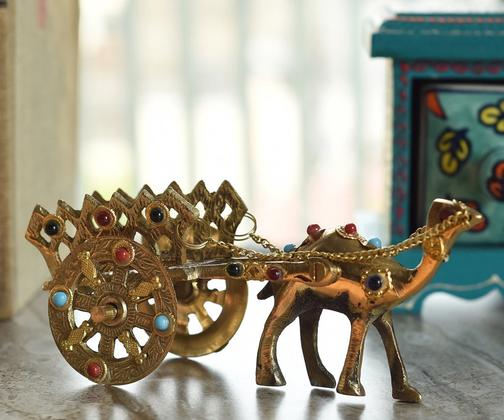 Gemstone Studded Pure Brass Golden Camel Cart Handicrafted Decorative Showpiece Kafalo