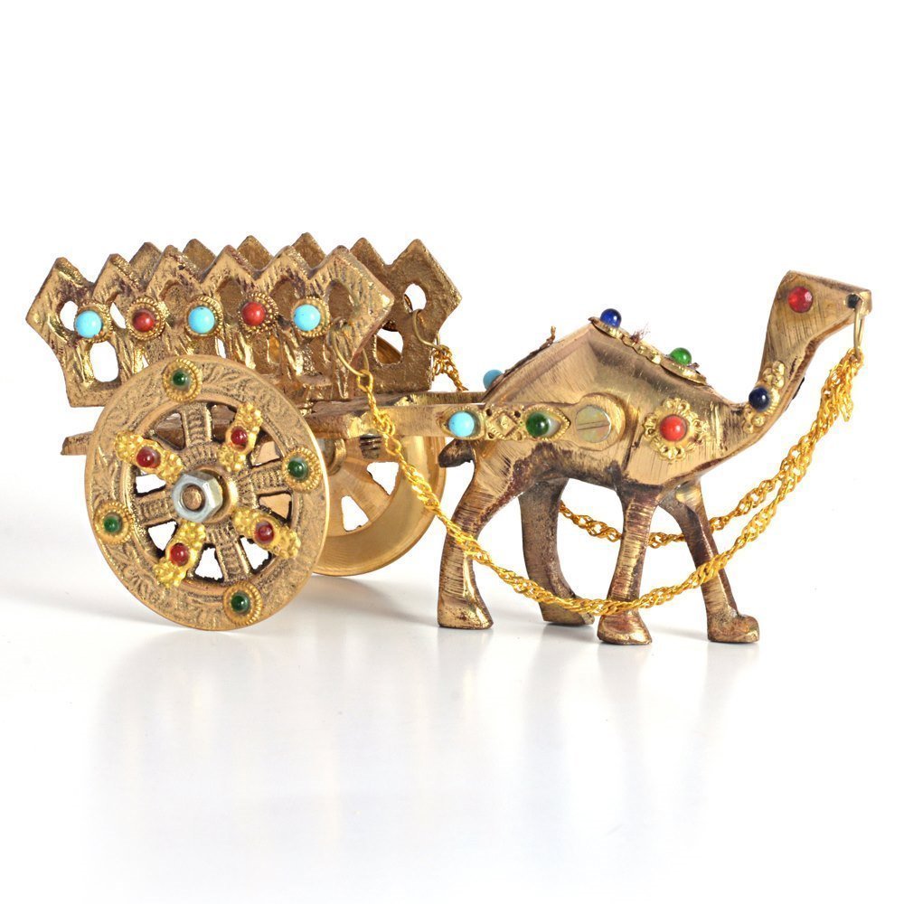 Gemstone Studded Pure Brass Golden Camel Cart Handicrafted Decorative Showpiece Kafalo