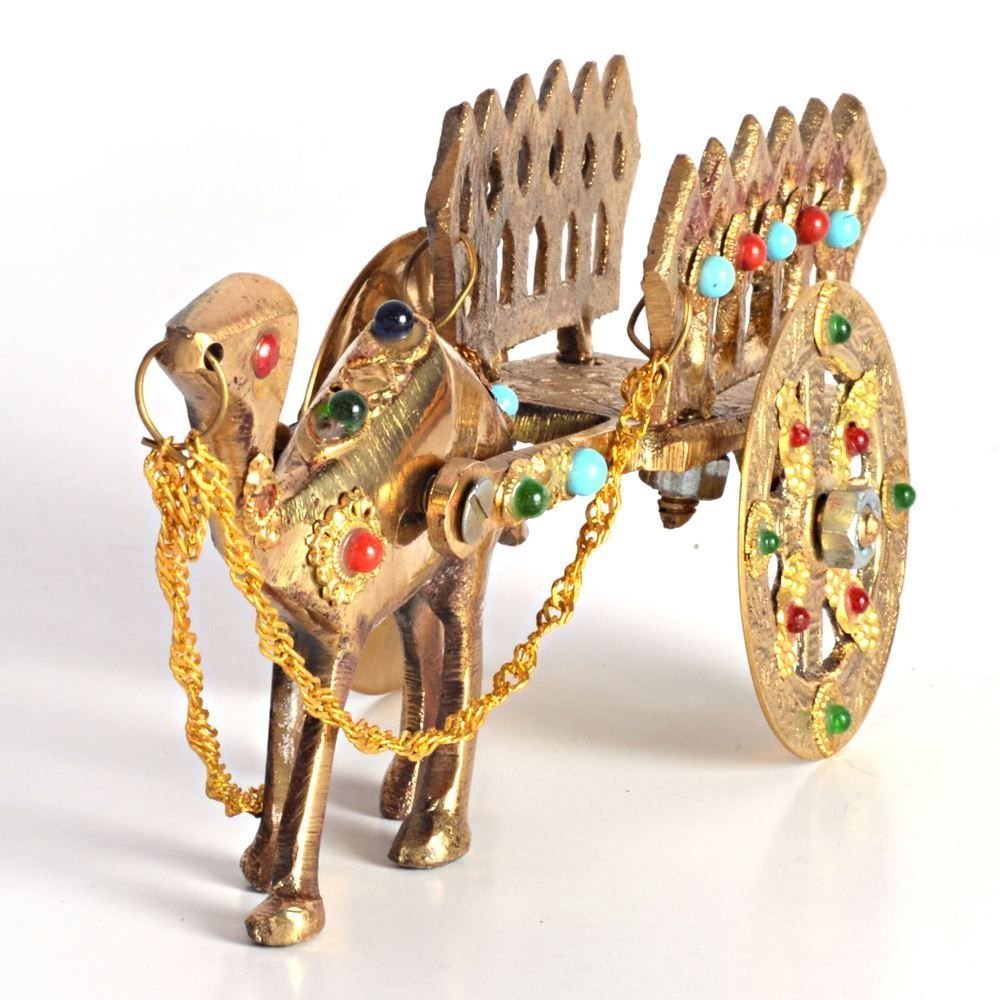 Gemstone Studded Pure Brass Golden Camel Cart Handicrafted Decorative Showpiece Kafalo