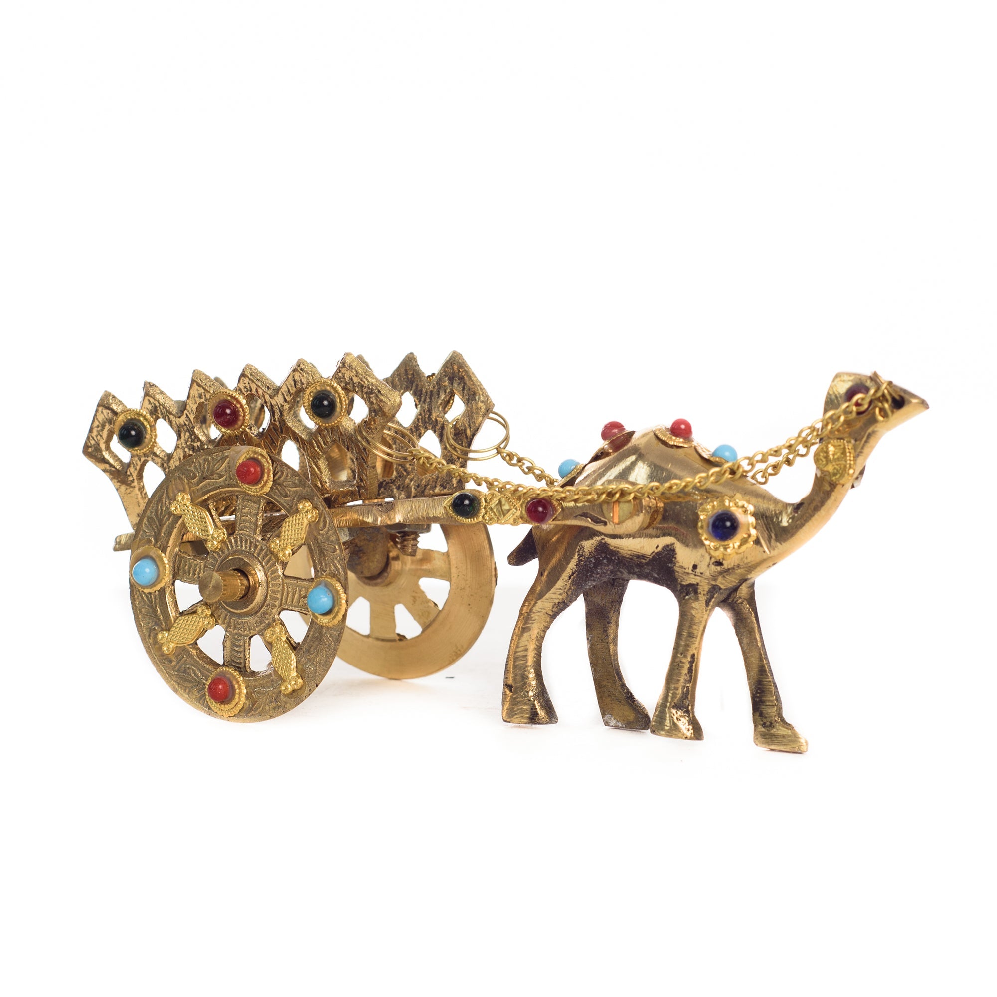 Gemstone Studded Pure Brass Golden Camel Cart Handicrafted Decorative Showpiece Kafalo