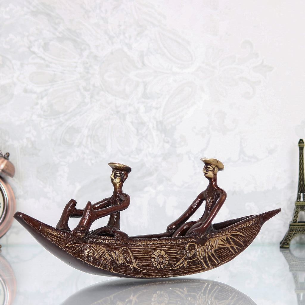 Brown Brass Antique Finish 2 Men in Boat Decorative Showpiece Kafalo