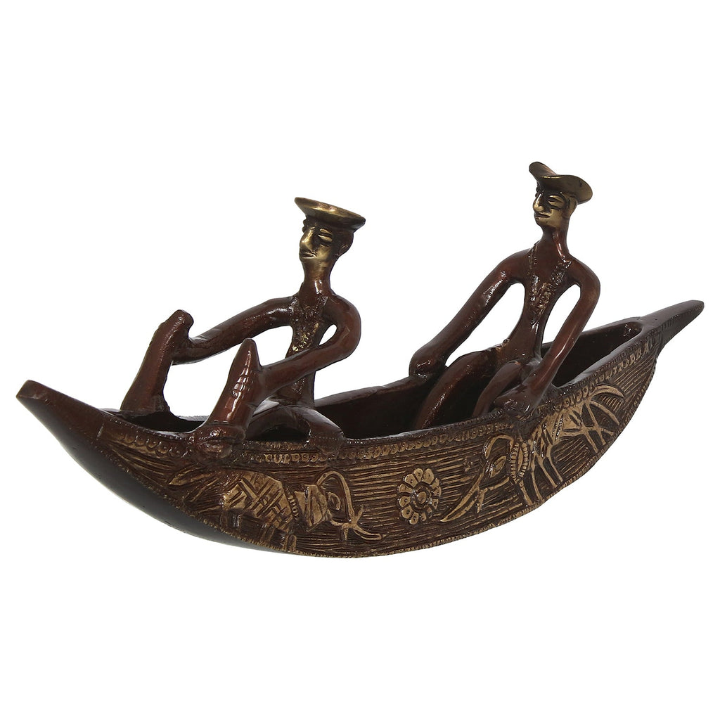 Brown Brass Antique Finish 2 Men in Boat Decorative Showpiece Kafalo