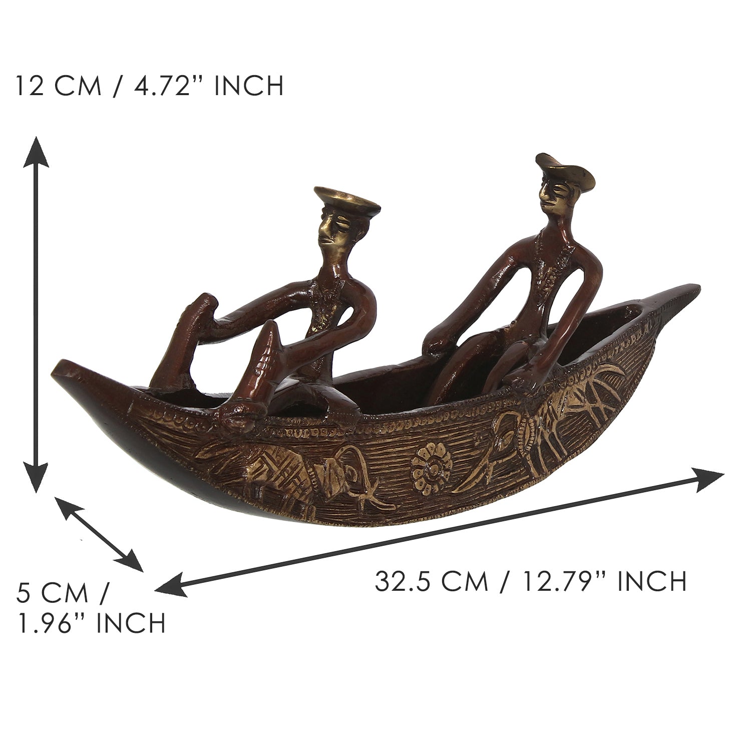 Brown Brass Antique Finish 2 Men in Boat Decorative Showpiece Kafalo