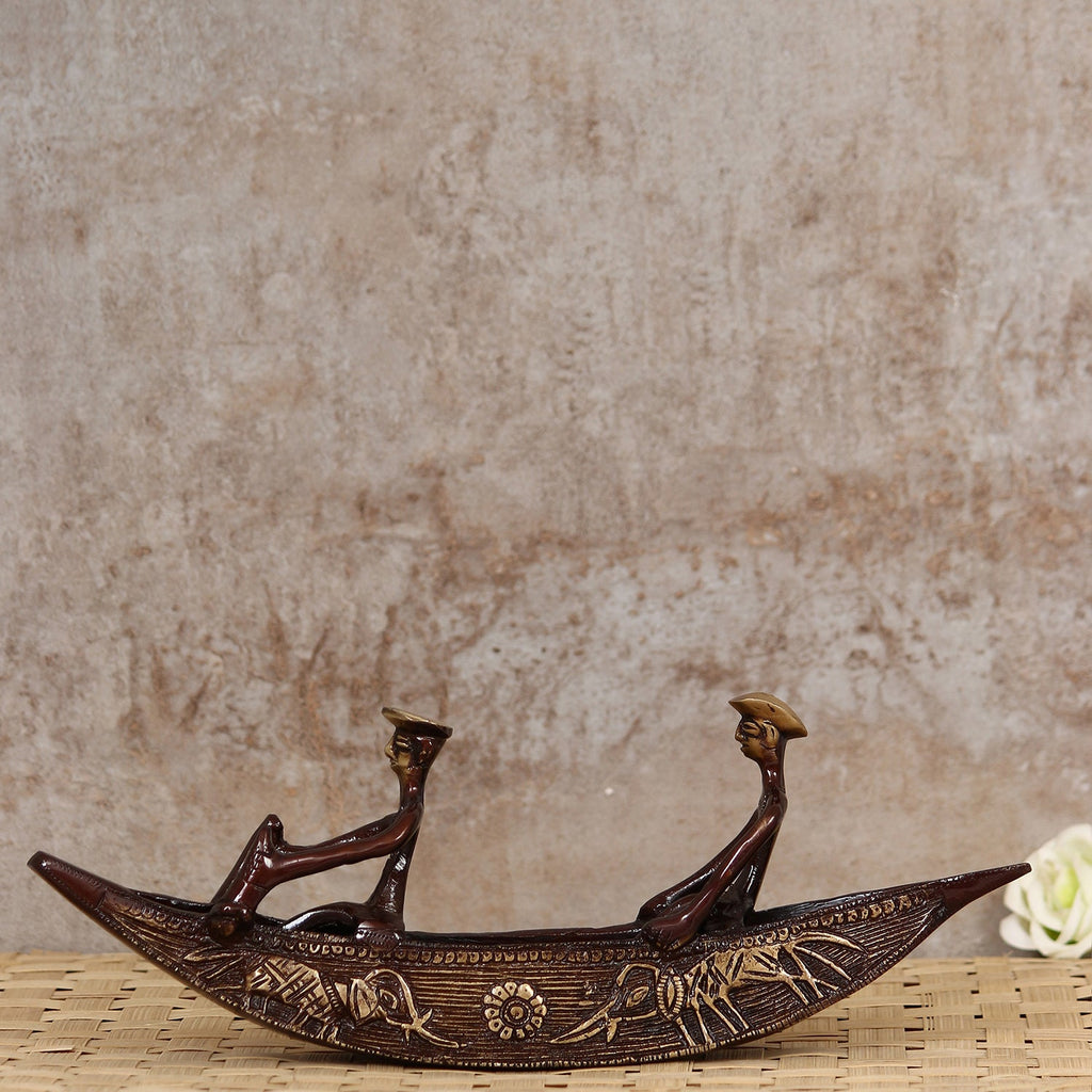 Brown Brass Antique Finish 2 Men in Boat Decorative Showpiece Kafalo