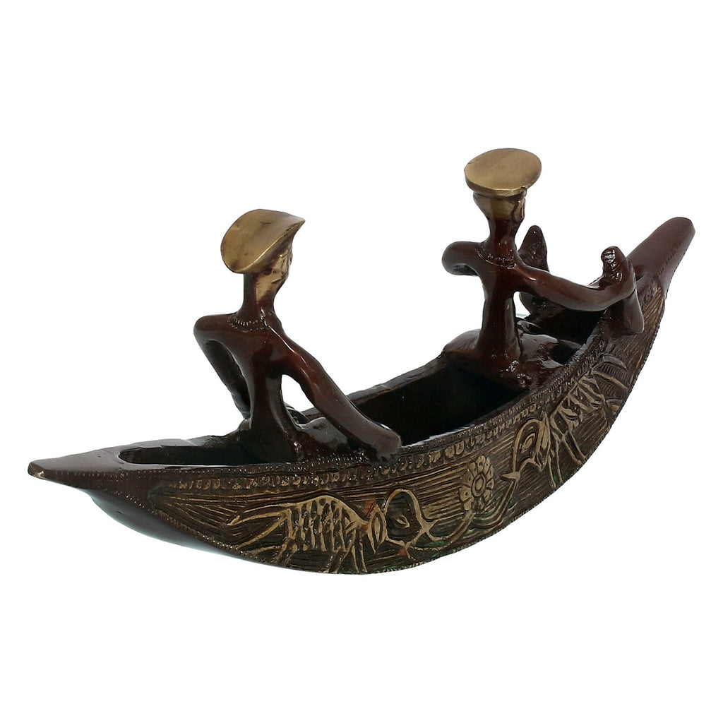 Brown Brass Antique Finish 2 Men in Boat Decorative Showpiece Kafalo