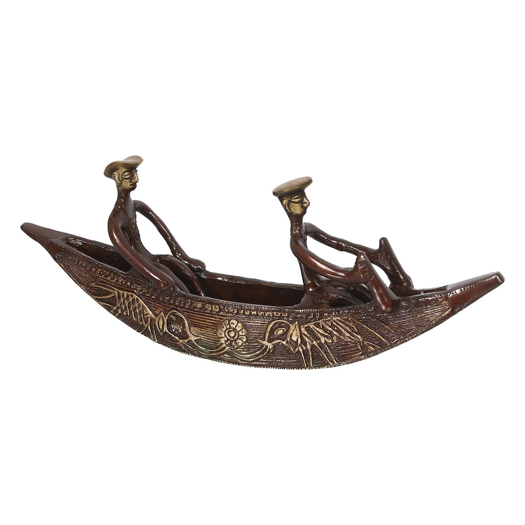 Brown Brass Antique Finish 2 Men in Boat Decorative Showpiece Kafalo