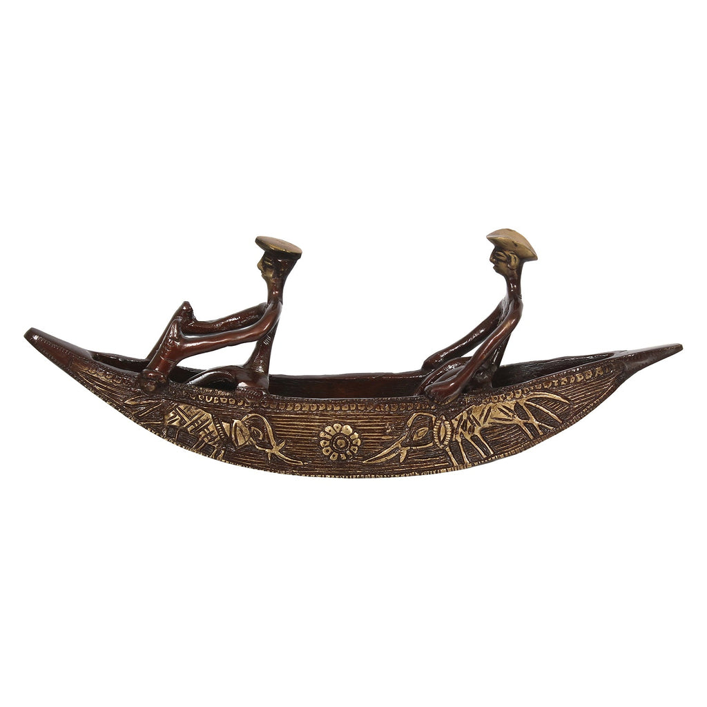 Brown Brass Antique Finish 2 Men in Boat Decorative Showpiece Kafalo