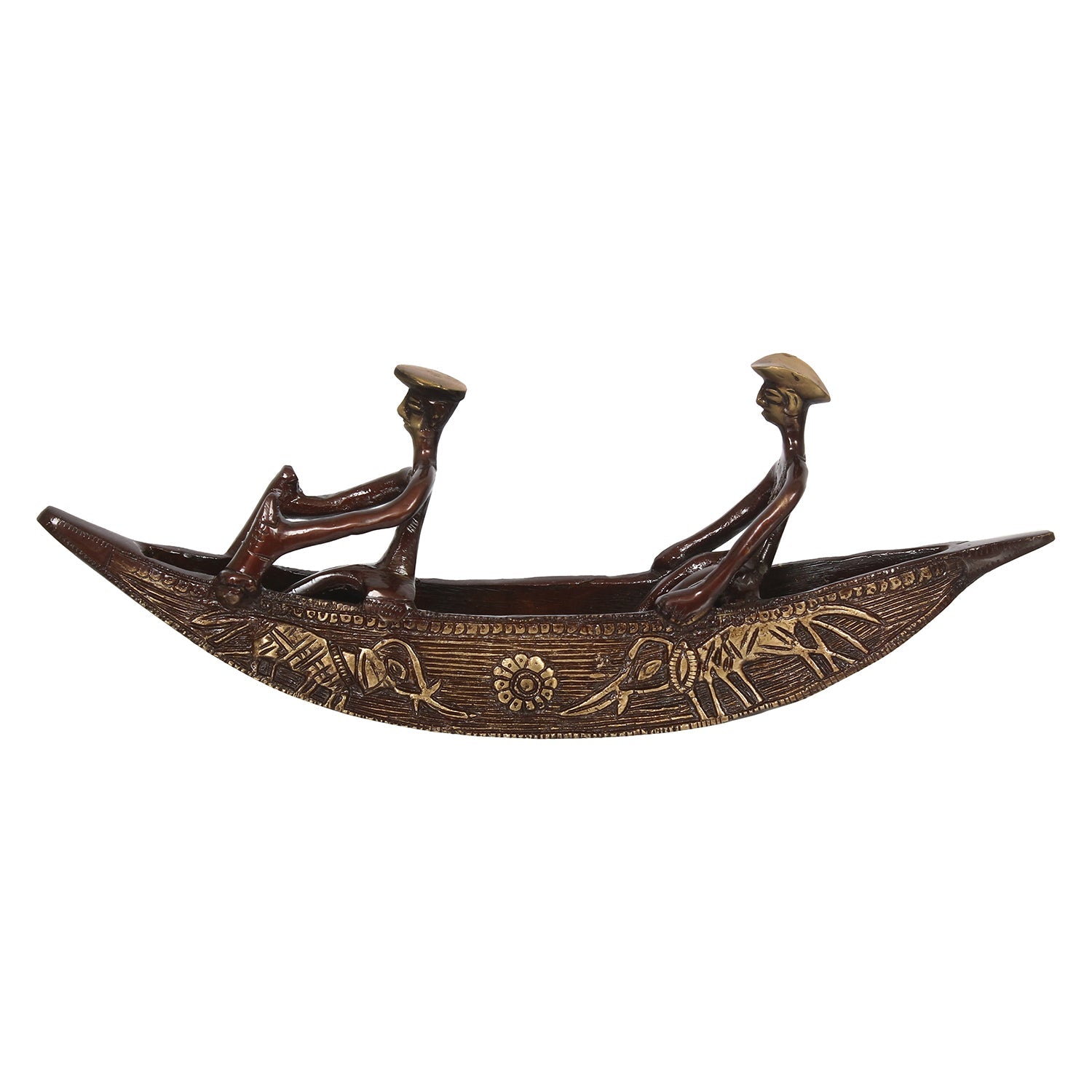 Brown Brass Antique Finish 2 Men in Boat Decorative Showpiece Kafalo
